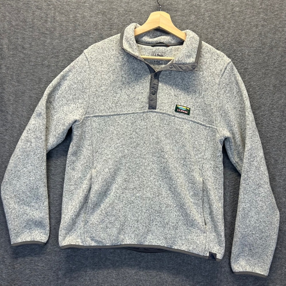 LL Bean Mens Sweater Fleece Pullover Gray Heather Snap Neck 298050 Size M Reg